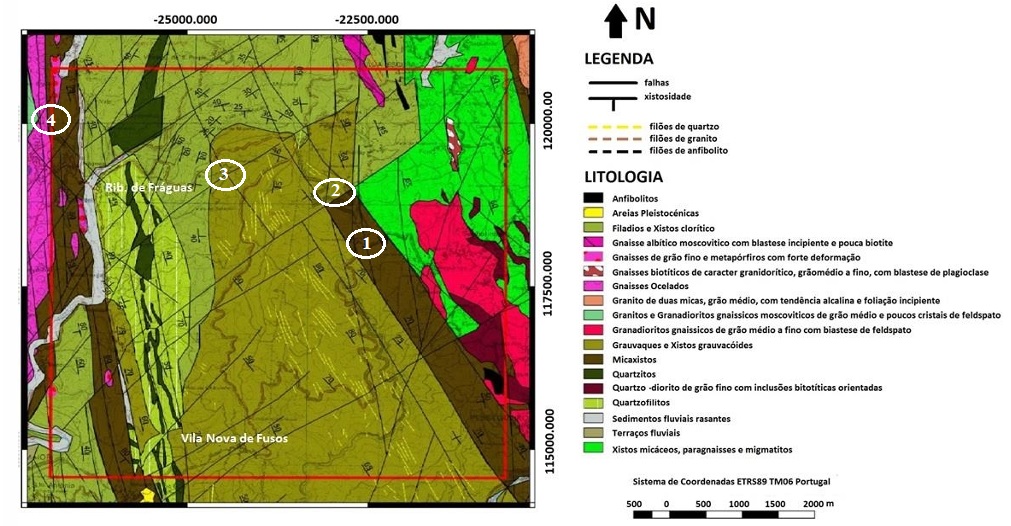 Mapa geológico da região com as minas assinaladas - (LNEG)