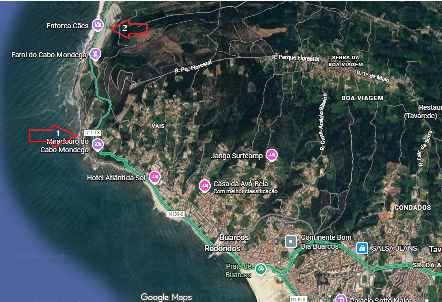 Localização por satélite. 1 - Mina Cabo Mondego. 2 - Pedreira Norte